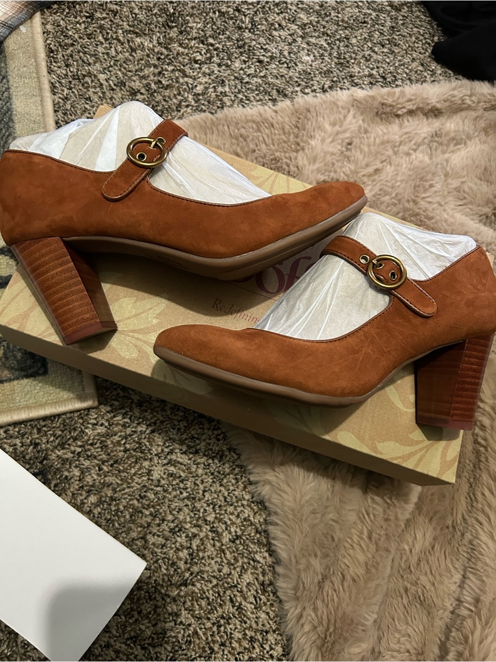 Sofft Cognac Suede Block Heel Mary Jane Pumps